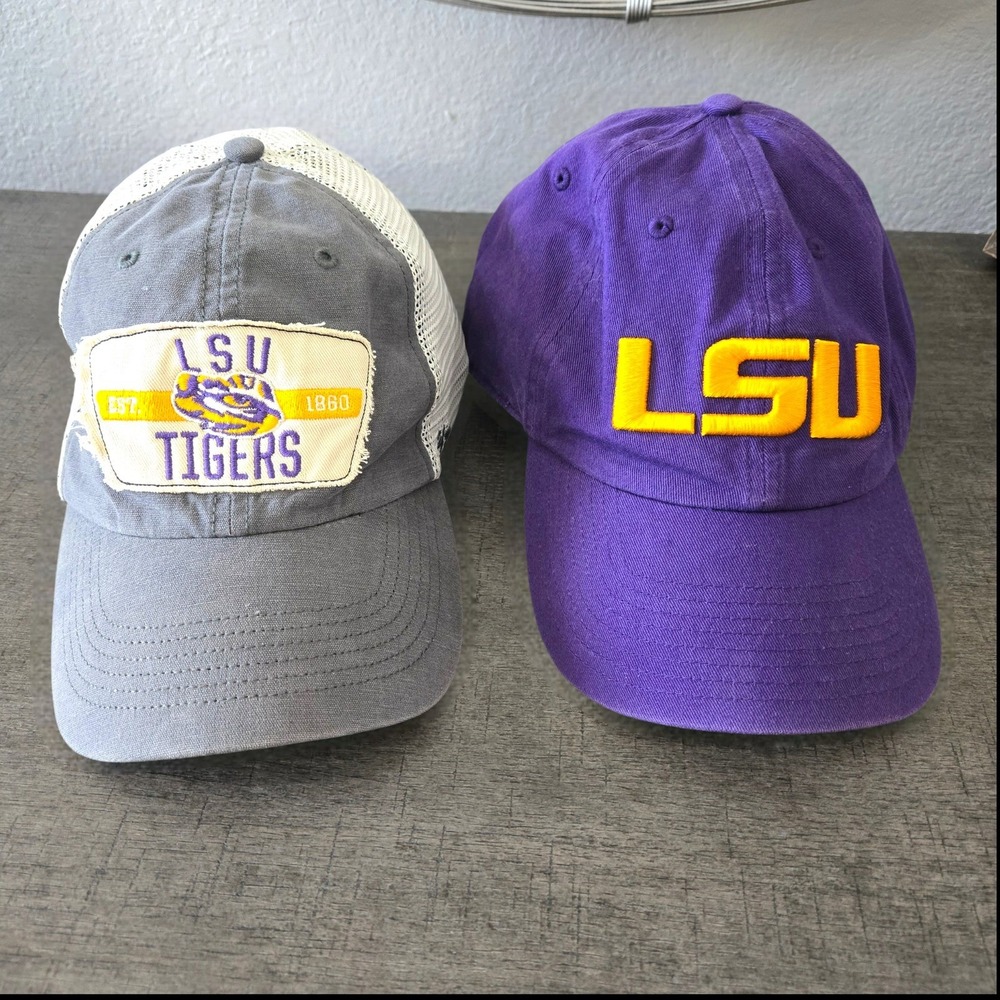 LSU Tigers 47 Brand Hat Bundle Purple Dad Cap and Gray Mesh Trucker Hat Lot
